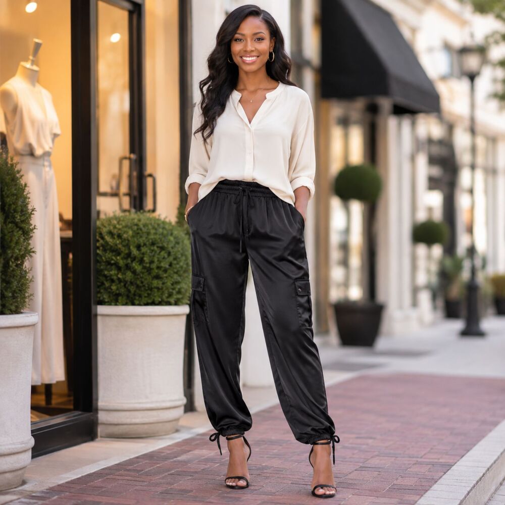 Time and Tru Black Satin Cargo Jogger Pants NWT Size XL 16–18 Streetwear Edgy